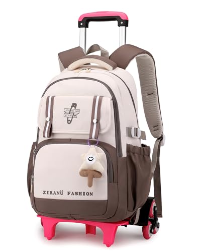 Tanou Rucksack mit 6 Rollen, Robuster Kinder Schulranzen mit Rollen für Mädchen, Abnehmbare Trolley Schulrucksack mit Anhänger für die Schule Reise, 16 Zoll, 1-5.Klasse, Khaki von Tanou