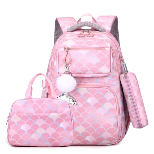 Tanou Schulrucksack Mädchen 4 Teilig Rucksack Mädchen Teenager, Große Schultasche Kinder der 3. bis 7. Klasse, Nylon Schulranzen mit Lunchtasche Stiftetasche, Rosa von Tanou