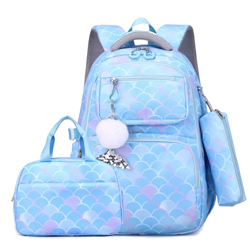 Tanou Schulrucksack Mädchen 4 Teilig Rucksack Mädchen Teenager, Große Schultasche Kinder der 3. bis 7. Klasse, Nylon Schulranzen mit Lunchtasche Stiftetasche, Blau von Tanou