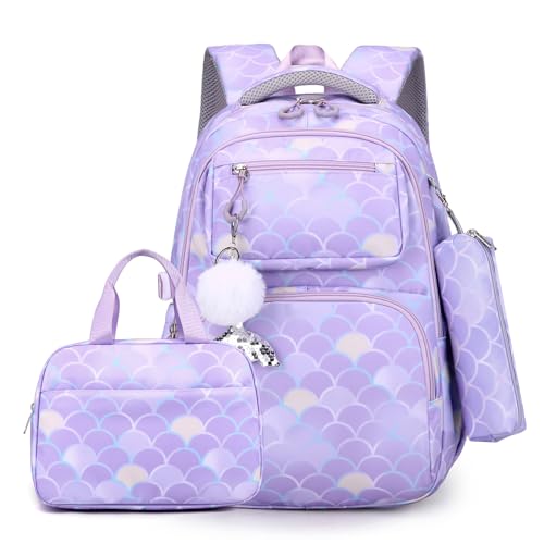 Tanou Schulrucksack Mädchen 4 Teilig Rucksack Mädchen Teenager, Große Schultasche Kinder der 3. bis 7. Klasse, Nylon Schulranzen mit Lunchtasche Stiftetasche, Lila von Tanou