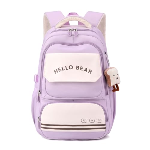 Tanou Schulrucksack Mädchen Rucksack für die Schule, Große Rucksack Kinder Mädchen der 3. bis 9. Klasse, Nylon Kinder Schulranzen für Grundschule und Mittelschule, Lila von Tanou