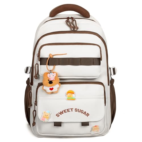 Tanou Schulrucksack Teenager Mädchen, 26L Nylon Schulranzen für Mädchen 3.-9. Klasse, Lässiger Rucksack Kinder mit Trolley-Schlaufe für Grundschule Sekundarstufe, Braun von Tanou