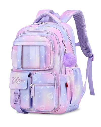 Tanou Schultasche Mädchen Rucksack Schule Mädchen, Schulrucksack für Mädchen der 1. bis 4. Klasse, Atmungsaktiv Wasserabweisender Nylon Kinder Schulranzen, Lila von Tanou