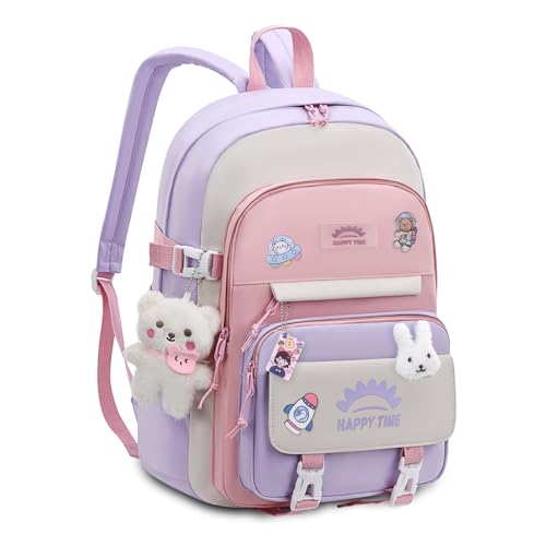 Tanou Schultasche Mädchen Rucksack Schule Teenager, 20 Liter Schulrucksack für Mädchen der 3. bis 7. Klasse, Leichter Wasserabweisender Nylon Kinder Schulranzen, Lila von Tanou