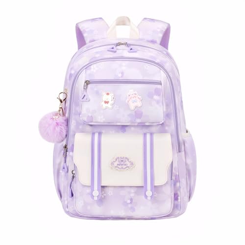 Tanou Schultasche Mädchen Schulranzen Kinder, Große Kapazität Schulrucksack für Mädchen der 1. bis 4. Klasse, Atmungsaktiver Kawaii Rucksack Schule Mädchen mit Anhänger, Lila von Tanou