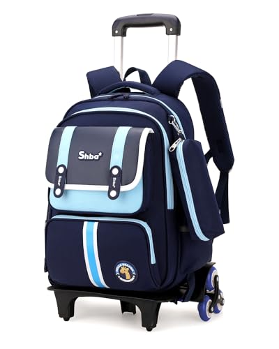 Tanou Trolley Rucksack mit Rollen 2-teilig, Langlebiger Schulranzen Trolley Jungen mit Stiftetasche, Abnehmbare Schulranzen für Kinder mit Rollen 1.-4. Klasse, 16 Zoll, Blau von Tanou