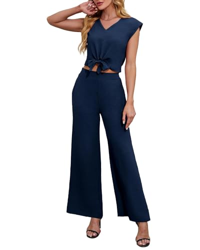 Zweiteiler Damen Sommer Hose Lang und Top V-Ausschnitt Weite Bein Bequem Going-Outfits Freizeit Anzug Set Navy Blau S 34-36 von Tanou