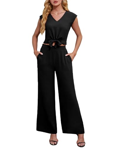 Zweiteiler Damen Sommer Lang Elegant Ärmelloses Tanktop V-Ausschnitt Oberteile Weite Bein Outfit Kleidung Set mit Taschen Schwarz XL 46-48 von Tanou