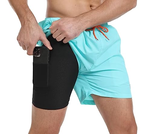 Tansozer Badehose Herren Badeshorts Kurz Schwimmhose Für Herren Schnelltrocknend Badehosen Kompression Männer Boardshorts Badehose mit Innenhose Hellblau 3XL von Tansozer