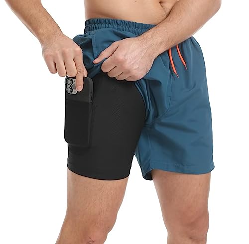 Tansozer Badehose Herren Badeshorts Kurz Schwimmhose Für Herren Schnelltrocknend Badehosen Kompression Männer Boardshorts Badehose mit Innenhose Pfauenblau 2XL von Tansozer