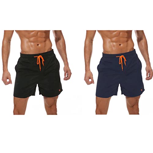 Tansozer Badeshorts Herren Badehose Shorts Kurze Hosen Herren Schnelltrocknend Schwimmhose Männer Boardshorts mit Kordel Schwarz and Dunkelblau 2XL von Tansozer