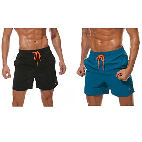 Tansozer Badeshorts Herren Badehose Shorts Kurze Hosen Herren Schnelltrocknend Schwimmhose Männer Boardshorts mit Kordel Schwarz and Pfauenblau XL von Tansozer