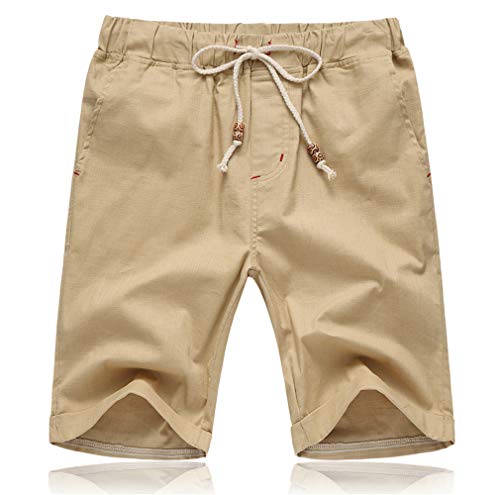 Tansozer Kurze Hosen Herren Shorts Sommer Baumwolle Leinen mit Gummizug Taschen Khaki S von Tansozer