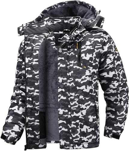 Tansozer Herren Wind- und Wasserdichte Winterjacke Warme Skijacke Gefütterte Outdoorjacke mit Abnehmbarer Kapuze (Camouflage Schwarz, M) von Tansozer