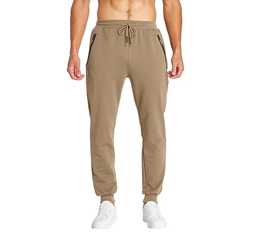 Tansozer Jogginghose Herren Baumwolle Trainingshose Herren Sporthose Herren Lang Hosen Männer Reissverschluss Taschen Khaki 3XL von Tansozer