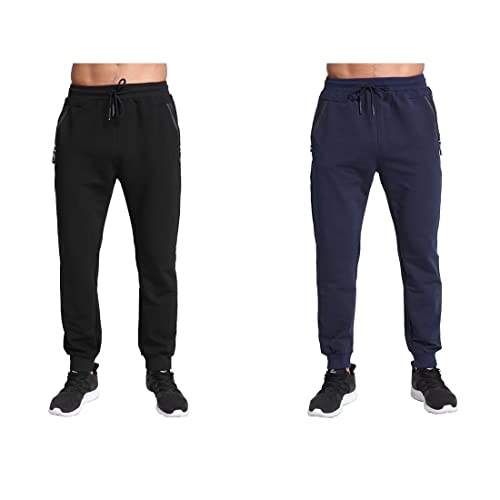 Tansozer Jogginghose Herren Baumwolle Trainingshose Männer Sporthose Herren Lang Slim Fit Gym Fitness Hose Herren Reissverschluss Taschen 2er Pack Schwarz and Blau 3XL von Tansozer