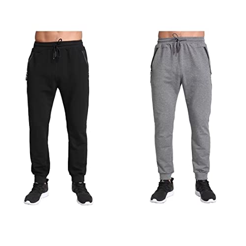 Tansozer Jogginghose Herren Baumwolle Trainingshose Männer Sporthose Herren Lang Slim Fit Gym Fitness Hose Herren Reissverschluss Taschen 2er Pack Schwarz and Grau M von Tansozer