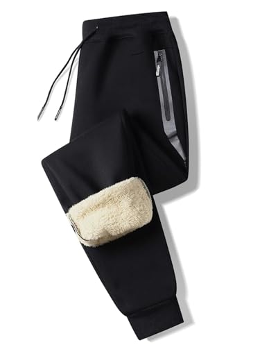 Tansozer Jogginghose Herren Baumwolle Winter Fleece Sporthose Herren Lang mit Reißverschluss Taschen Schwarz S von Tansozer