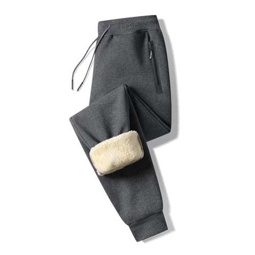 Tansozer Jogginghose Herren Baumwolle Winter Fleece Sweathose Herren Hose Trainingshose Herren Lang mit Gummizug Reißverschluss Taschen Dunkelgrau 3XL von Tansozer