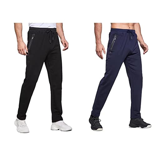 Tansozer Jogginghose Herren Trainingshose Männer Sporthose Herren Lang Baumwolle Fitness Hosen Herren Reissverschluss Taschen Ohne Bündchen 2er Pack Schwarz and Blau M von Tansozer