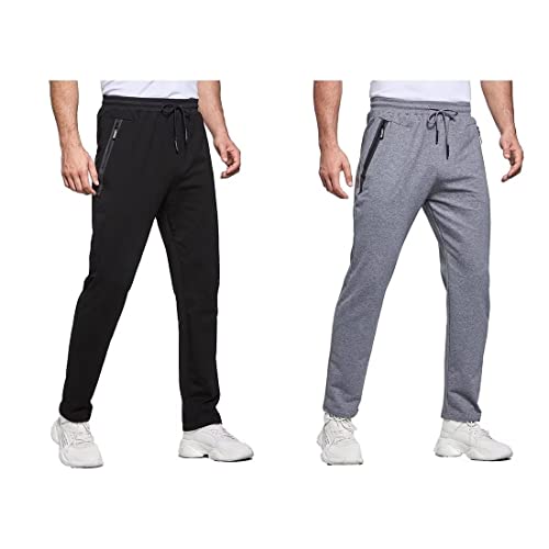 Tansozer Jogginghose Herren Trainingshose Männer Sporthose Herren Lang Baumwolle Fitness Hosen Herren Reissverschluss Taschen Ohne Bündchen 2er Pack Schwarz and Grau 2XL von Tansozer