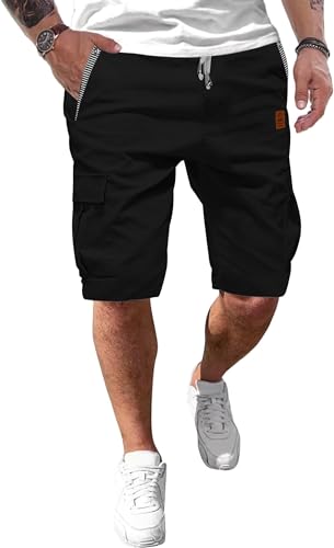 Tansozer Kurze Hosen Herren Cargo Shorts Herren kurz Sommer Freizeit Chino Baumwolle mit Tunnelzug Schwarz 2XL von Tansozer