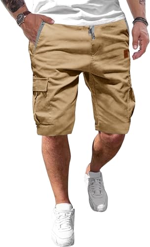 Tansozer Kurze Hosen Herren Sommer Shorts Herren kurz Freizeit Chino Baumwolle mit Tunnelzug Khaki 2XL von Tansozer