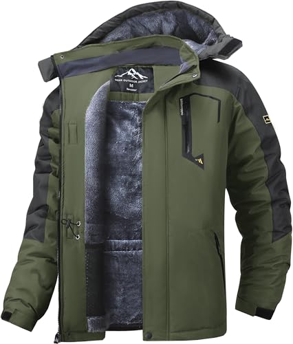 Tansozer Warme Winterjacke Herren Winddicht und Wasserdicht Skijacke Winter Arbeitsjacke mit Kapuze Outdoorjacke, Armeegrün, XL von Tansozer