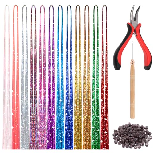 Tanstic 214Pcs Hair Tinsel Kit, 12 Colors 2400 Strands Tinsel Hair Extensions Glitter Hair Extension Sparkling Hair Tinsel Heat Resistant with Tools for Christmas, New Year, Party(47 Inches) von Tanstic
