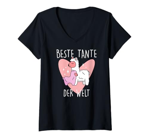 Damen Beste Tante der Welt Lama T-Shirt mit V-Ausschnitt von Tante Nichte Neffe Lama Alpaka