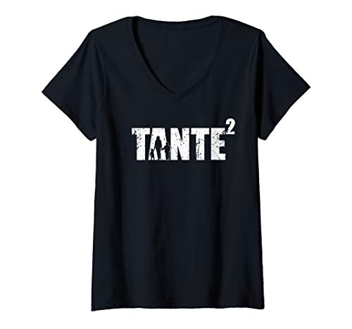 Damen Tante hoch 2 Schwester zweifache Tante Geschenk Baby T-Shirt mit V-Ausschnitt von Tante Schwangerschaft verkünden