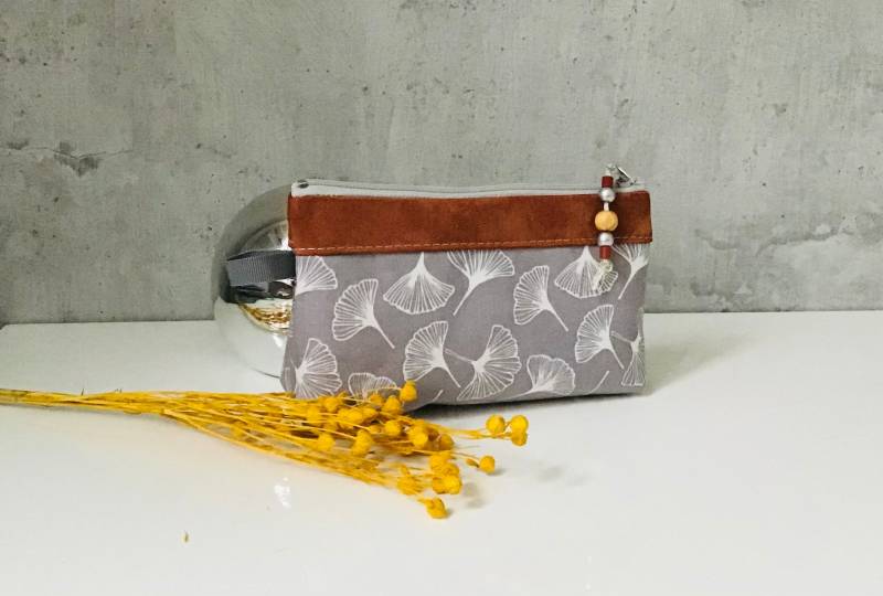 Kosmetiktasche "Ginkgo" Grau Baumwolle/Leder von TanteDonatella