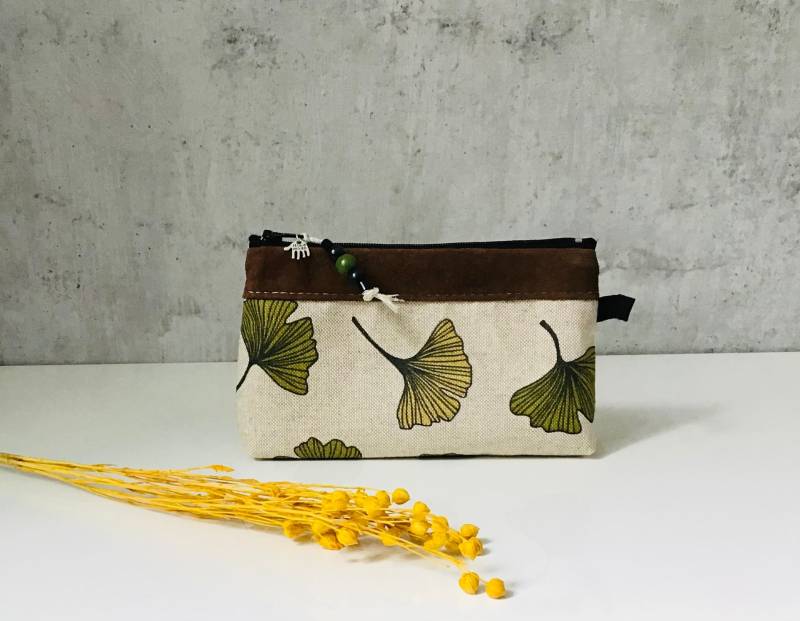 Kosmetiktasche Klein "Ginkgo" Baumwolle/Leder/Wachstuch von TanteDonatella