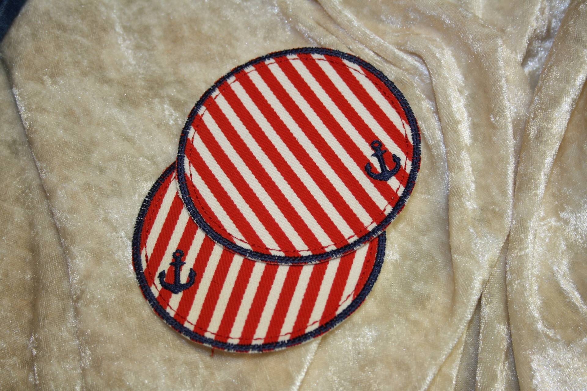 Bügelflicken Patch Aufnäher Für Hosen Reparaturset Kinderhosen Set 2 Stück Rund Oder Oval - Rot Weiß Gestreift Anker von TantePe