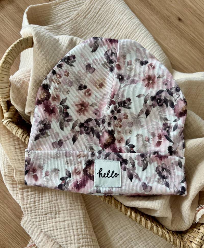 Blumen Beaniemütze Hipstermütze Mütze Mit Umschlag Beanie Floralem Design Für Damen, Kinder Und Baby von TanteTildaDE