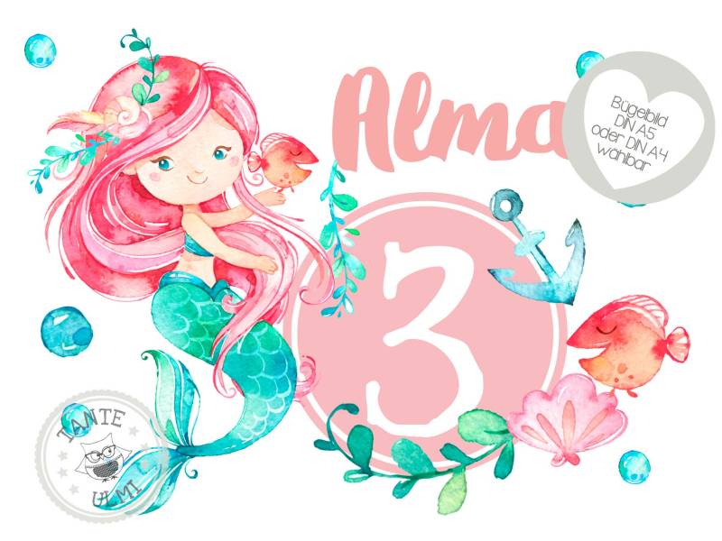 Bügelbild - Aufkleber-Tortenaufleger-Einladungskarten-Muffintopper T-Shirt Optionen Wählbar Kleine Meerjungfrau von TanteUlmi