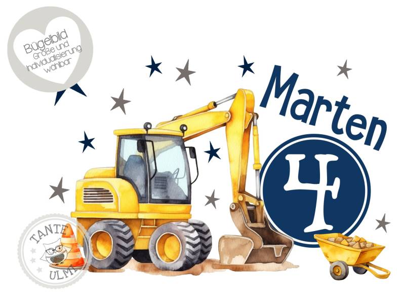 Bügelbild-Tortenaufleger-Muffintopper-Aufkleber-Einladungskarten-Sammelbogen Kindergeburtstag-T-Shirt - Optionen Wählbar Bagger von TanteUlmi