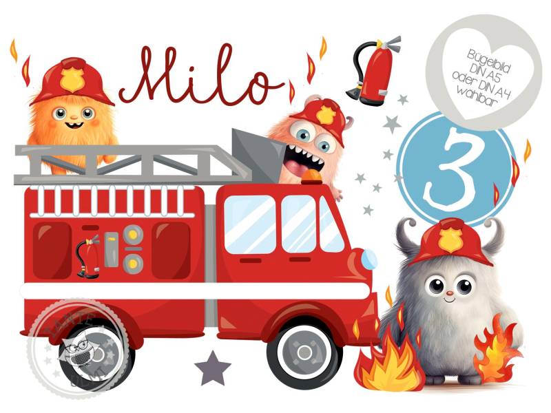 Bügelbild-Tortenaufleger-Muffintopper-Aufkleber-Einladungskarten-Sammelbogen Kindergeburtstag-T-Shirt - Optionen Wählbar Feuerwehr Monster von TanteUlmi