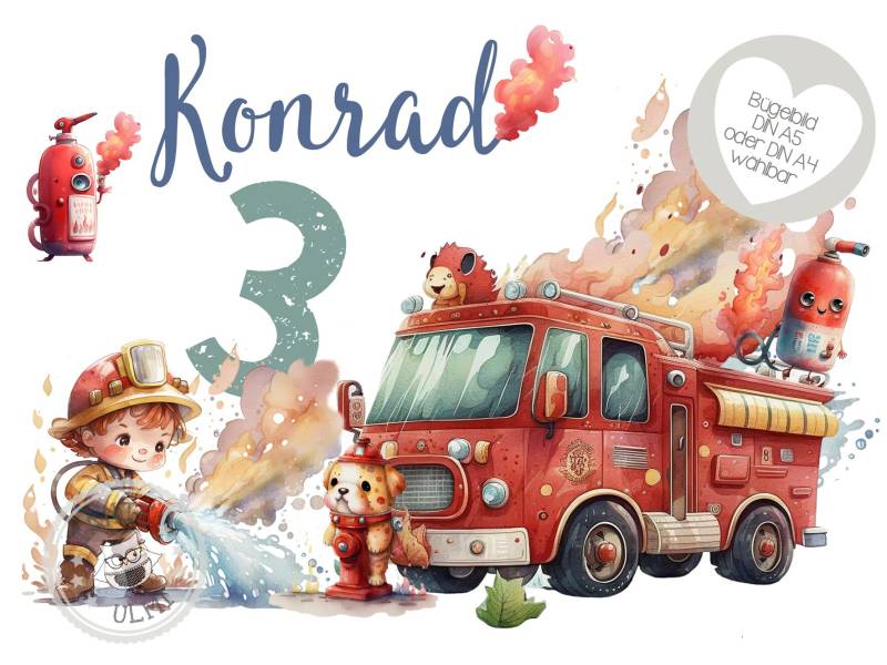 Bügelbild-Tortenaufleger-Muffintopper-Aufkleber-Einladungskarten-Sammelbogen Kindergeburtstag-T-Shirt - Optionen Wählbar Feuerwehr von TanteUlmi