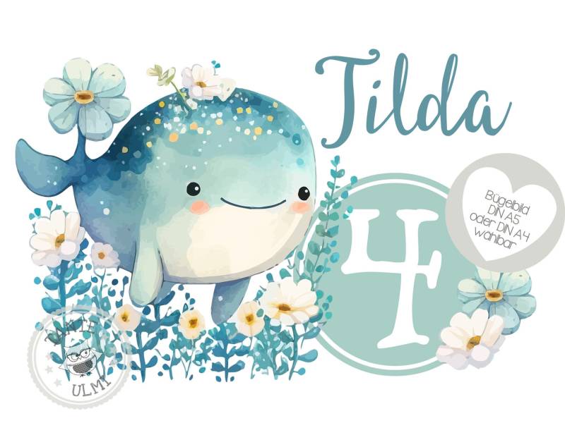 Bügelbild-Tortenaufleger-Muffintopper-Aufkleber-Einladungskarten-Sammelbogen Kindergeburtstag-T-Shirt - Optionen Wählbar Kleiner Wal von TanteUlmi