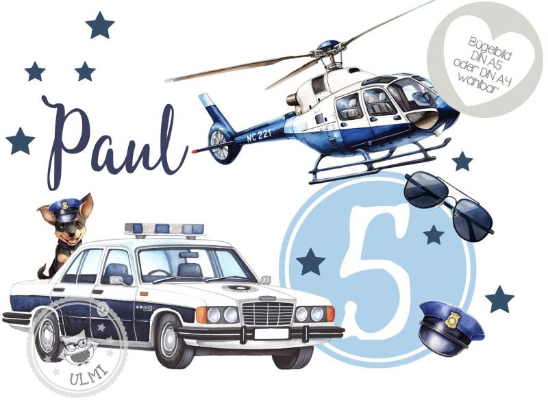 Bügelbild-Tortenaufleger-Muffintopper-Aufkleber-Einladungskarten-Sammelbogen Kindergeburtstag-T-Shirt - Optionen Wählbar Polizei von TanteUlmi