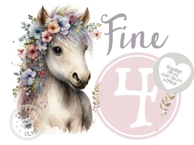 Bügelbild-Tortenaufleger-Muffintopper-Aufkleber-Einladungskarten-Sammelbogen Kindergeburtstag-T-Shirt - Optionen Wählbar Pony Blumen von TanteUlmi