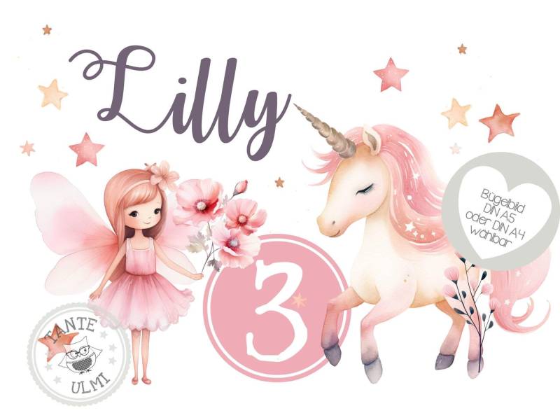 Bügelbild-Tortenaufleger-Muffintopper-Aufkleber-Sammelbogen Kindergeburtstag-Optionen Wählbar Fee Einhorn von TanteUlmi