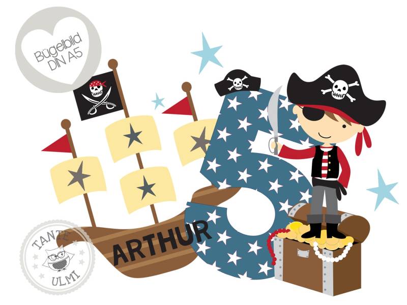 Bügelbild "Wunschname Und Zahl" Pirat Junge Oder Mädchen Wählbar Sammelbogen von TanteUlmi