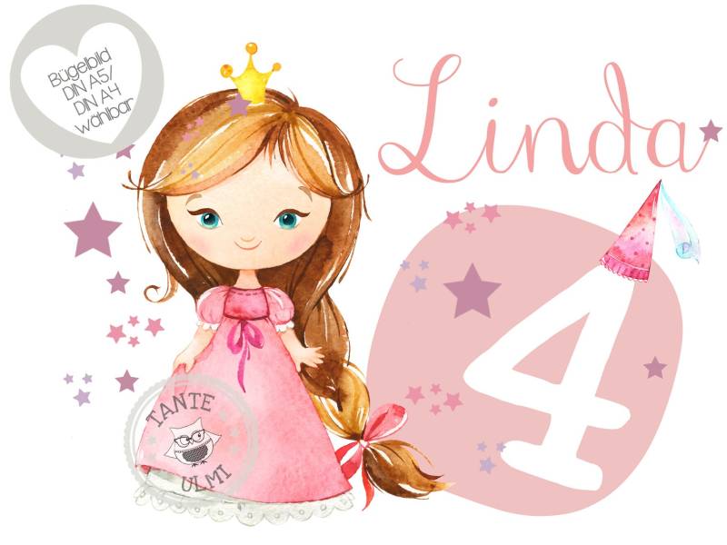 Bügelbild "Wunschname Und Zahl" Prinzessin Haarfarbe Wählbar von TanteUlmi