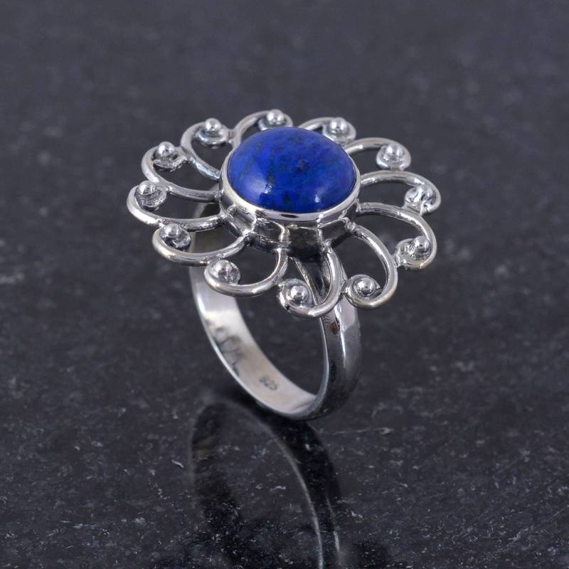 Eleganter Filigraner 925 Sterling Silber Ring Mit Rundem Lapis Lazuli - Handgemachter Boho Blumen Statement Für Frauen Oder Mädchen von Tanusilvershop