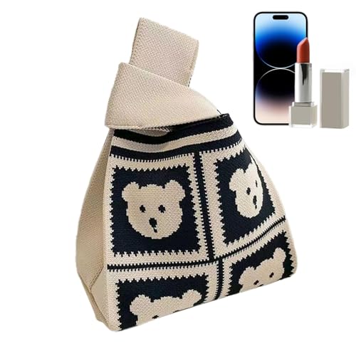 Niedliche Strick-Tragetaschen, Tier-Tragetaschen für Frauen, große süße Freizeit-Shopper – leichte Schultertasche mit Bärenmotiv für Frauen, Studenten, Computer, beige, Se référer au descriptif von Tanxemery