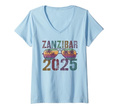Damen Vintage ZANZIBAR ISLAND 2025 Urlaub Romantische Reise Matching T-Shirt mit V-Ausschnitt von Tanzania Vacay Birthday Travel Team Autographs