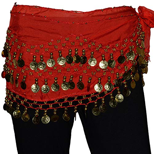 Tanzbekleidung & Accessories BAUCHTANZ MÜNZGÜRTEL HÜFTTUCH BELLY DANCE BAUCHTANZGÜRTEL HIP SCARF KARNEVAL XXL (ca. 128 Münzen, Rot) von Tanzbekleidung & Accessories