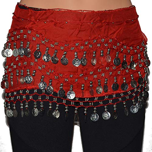 Tanzbekleidung & Accessories Bauchtanz Chiffon Hüfttuch Münzgürtel Bauchtanzgürtel Belly Dance Karneval (ca. 128 Münzen, Rot mit silbernen Münen) von Tanzbekleidung & Accessories